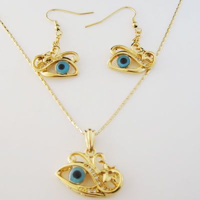 Evil  Necklace White Gold on 18k Solid Yellow Gold Gp Gep Evil Eye Necklace Pendant Earring Set