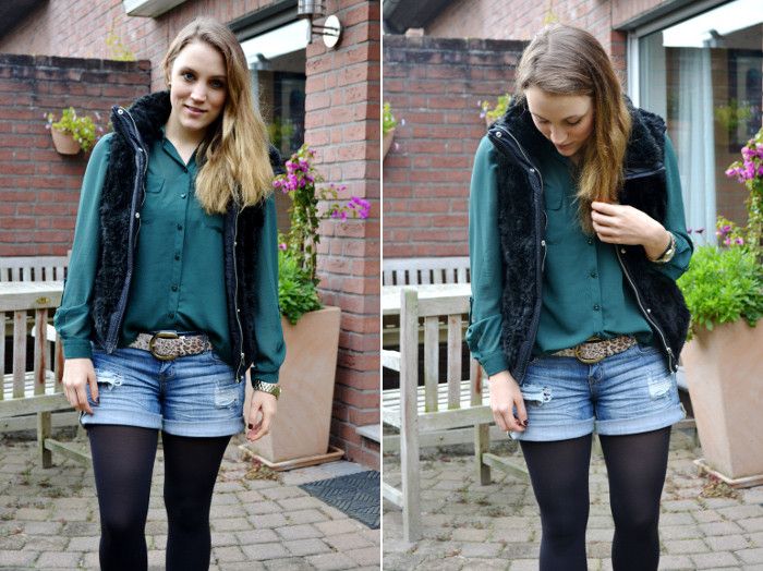 Outfit gruene Bluse Fake Fur Weste