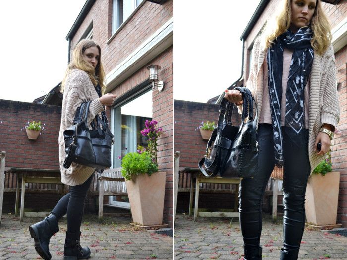 Outfit Lederleggins und Strickcardigan