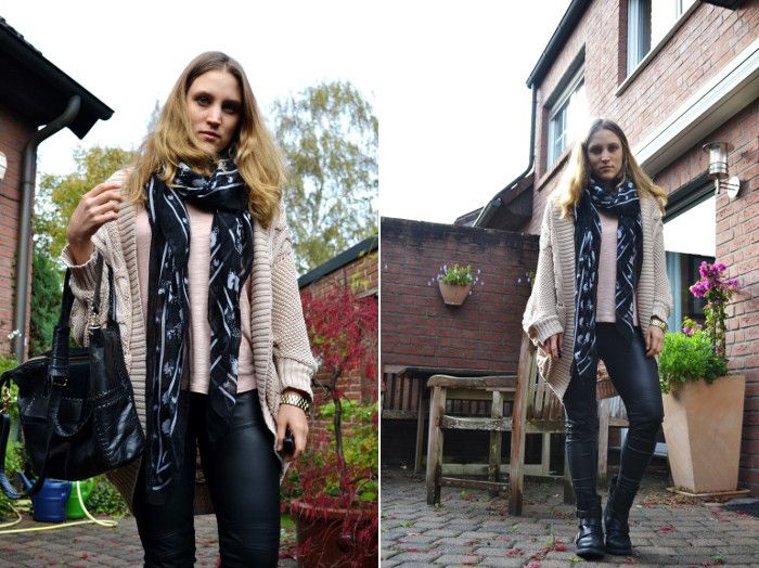 Outfit Lederleggins und Strickcardigan